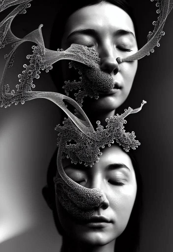 Prompt: one young beautiful woman with eyes closed, with a medical mask. fractal, mandelbulb, speed painting, scribble art, octane render, portrait. black and white. intricate detail, beautiful, moody, cinematic. futurism, Unreal Engine, photorealistic.