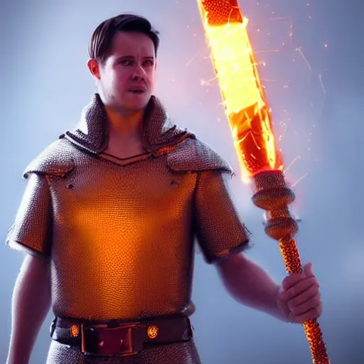 Prompt: Young Michael Owen wearing chainmail tunic holding a glowing fire magical staff. Trending on Artstation, octane render, ultra detailed, art by Ross tran
