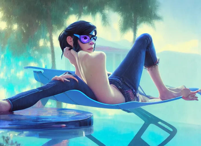 Prompt: closeup portrait of widowmaker relaxing in jeans and a t - shirt on a floating pool chair, sunny, bright, reflections, intricate, sharp focus, lens flare, bloom, illustration, highly detailed, digital painting, concept art, matte, art by ruan jia and wlop and greg rutkowski, masterpiece
