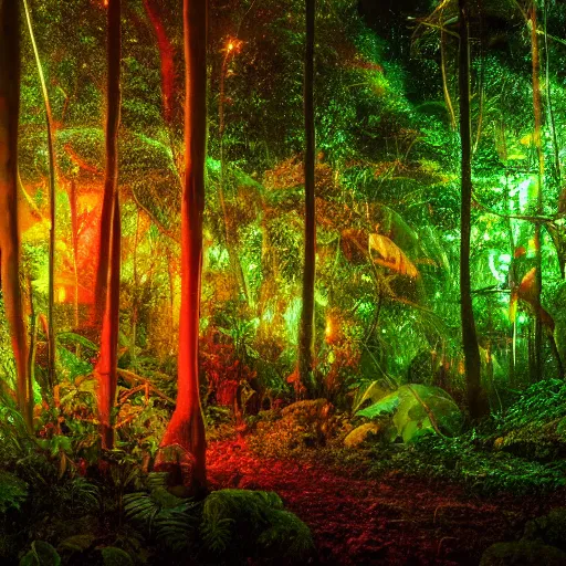 Prompt: a rainforest clearing at night softly lit by multicolored lights, dim lighting, leaves in foreground, HD, 8k, high resolution, photo, surreal, album art