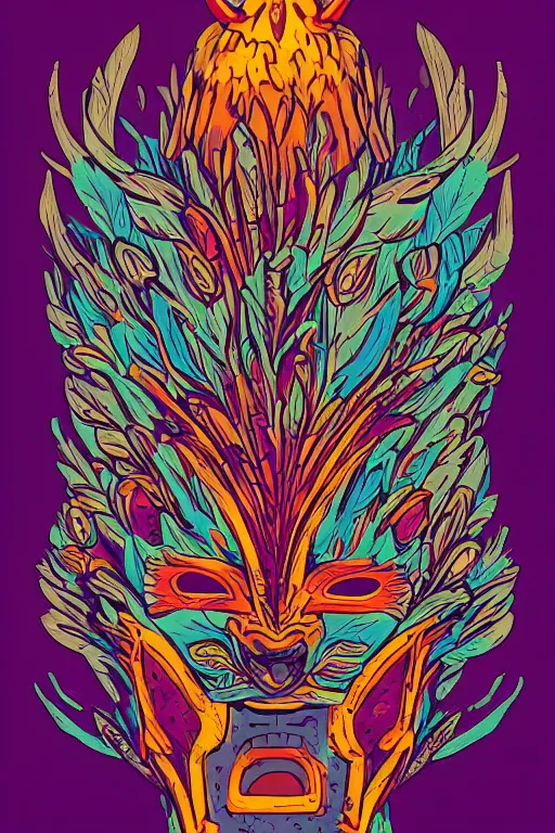 Image similar to animal mask totem roots flower tribal feather gemstone plant wood rock shaman vodoo video game vector cutout illustration vivid multicolor borderlands comics by josan gonzales and dan mumford radiating a glowing aura