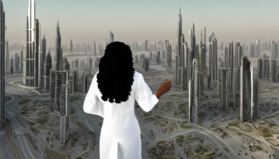 Prompt: one black woman with long hair in a white lab coat gazing at the dubai skyline, artstation, wow, professional