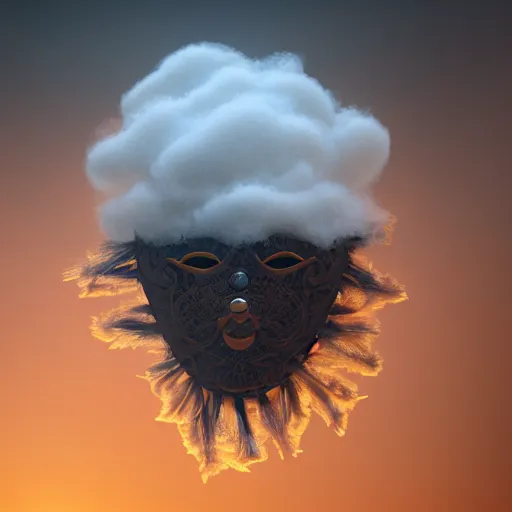 Prompt: an elaborate intricate mask made of wind caught is a cloud vortex, rendered in octane, behance hd, bokeh backdrop