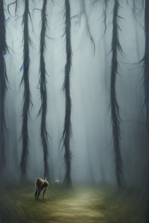 Prompt: dark and spooky woods. atmospheric, foggy, oil painting on canvas. fairytale. with a werewolf standing there