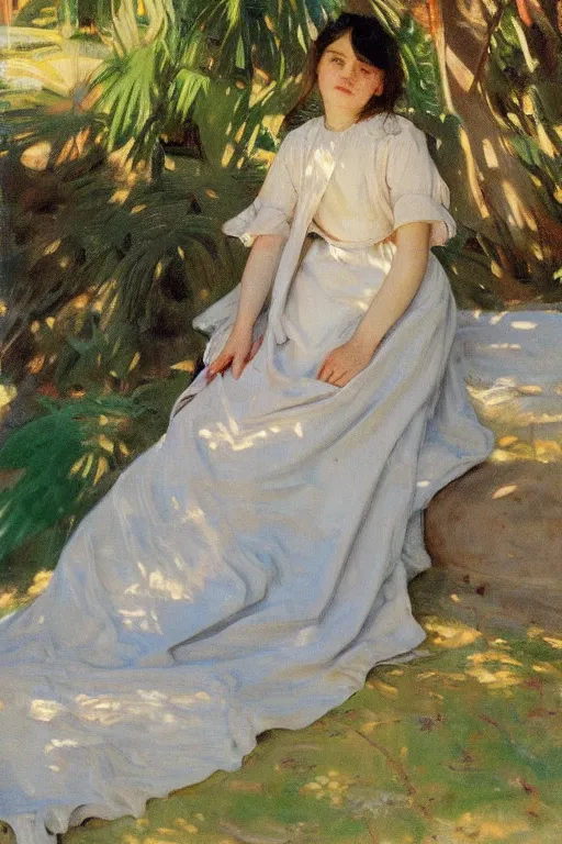 Image similar to girl with detailedly skirt lay down on a detailed persian carpet, tree palms in background, painting by john singer sargent