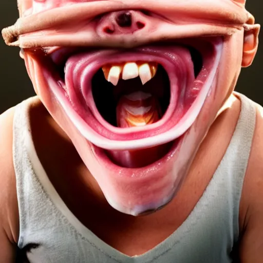 Image similar to crazy eyed demon laughing very hard at a can of spam