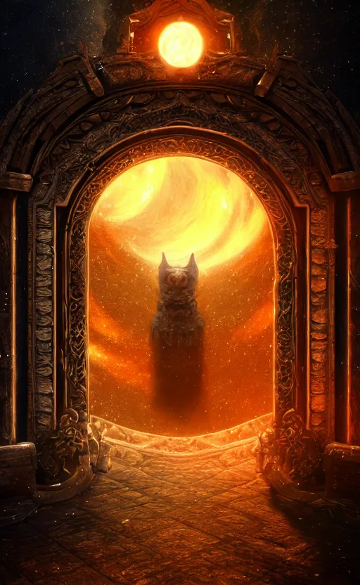 Image similar to a ornamental gate into stars a demon emerges from it, ornament, intarsia, portal, doorway, no background, dynamic lighting, ambient lighting, atmospherical, photorealistic fantasy concept art, trending on art station, stunning visuals, creative, cinematic, ultra detailed