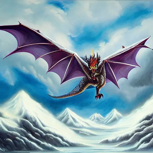 Image similar to a vast oil painting of two storm dragons dueling above the snowy peaks, hyper realistic, vivid, highly detailed, many colors