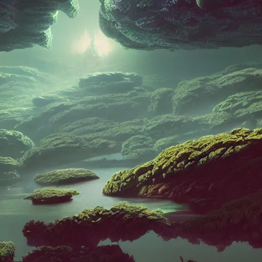 Prompt: A beautiful landscape on an alien planet with giant platinums, and iridescent vegetation Giant Coral and moss in the river by David Hocknet, greg rutkowski, Victo Ngai, François de Nomé, Dan Witz Trending on artstation and SF AR