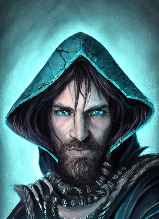 Prompt: An epic fantastic realism comic book style portrait painting of arrogant aasimar hexblade warlock, teal electricity, male, shaggy silver hair, short beard, dark gray cloak, 4k, 8k, Apex Legends Concept Art, D&D Concept Art, unreal 5, DAZ, hyperrealistic, octane render, cosplay, RPG portrait, dynamic lighting