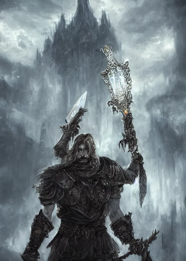 Prompt: a highly detailed painting of an intense male fantasy warrior holding up a crystal sword in front of his face and staring directly at you, background glorious palace, ominous, foreboding, moody, hd, concept art, artstation, deviantart,