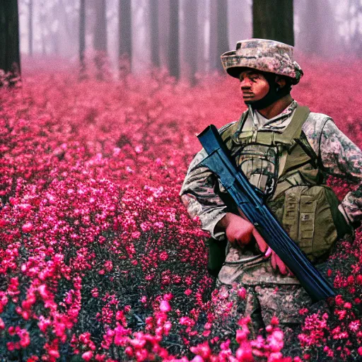 Prompt: close up kodak portra 4 0 0 photograph of a soldier in a flower crowd with ak - 4 7 in which the flowers after the battle standing in dark forest, flower crown, moody lighting, telephoto, blurry background, faded