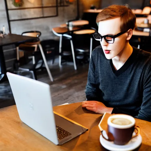 Image similar to Slenderman drinking coffee and working on his laptop in a cafe
