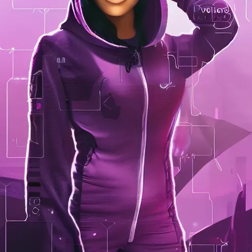 Image similar to poster artwork, sci fi, a female, full body, black hoodie techie, black hair with purple streaks, 8 k