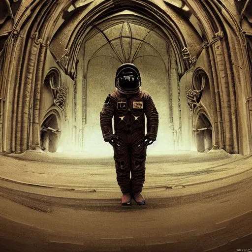 Image similar to surrealism grunge of an astronaut in a creepy cathedral . intricate artwork. Eerie ancient alien symbols carved into the walls, zdzisław Beksiński, wlop, dan mumford , trending on artstation, greg rutkowski very coherent symmetrical artwork. cinematic composition, hyper realism, high detail, octane render, 8k