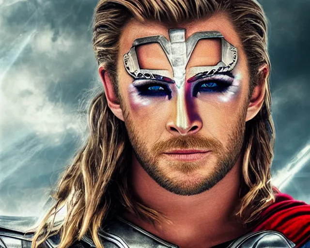 Prompt: chris hemsworth as thor with amazing drag queen makeup, digital art, amazing detail, photorealistic