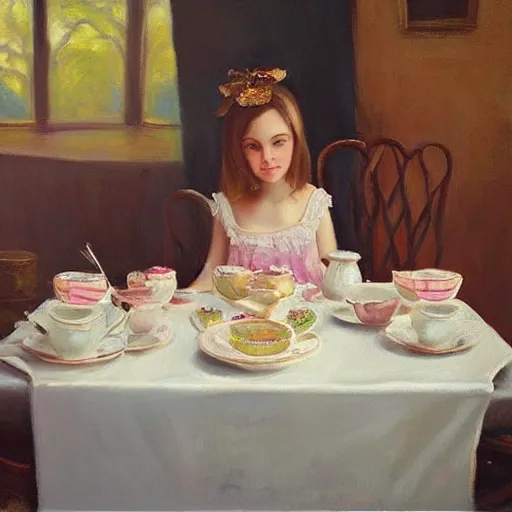 Image similar to “beautiful girl at a tea party, oil painting, realism, hyper detailed, trending on Artstation”