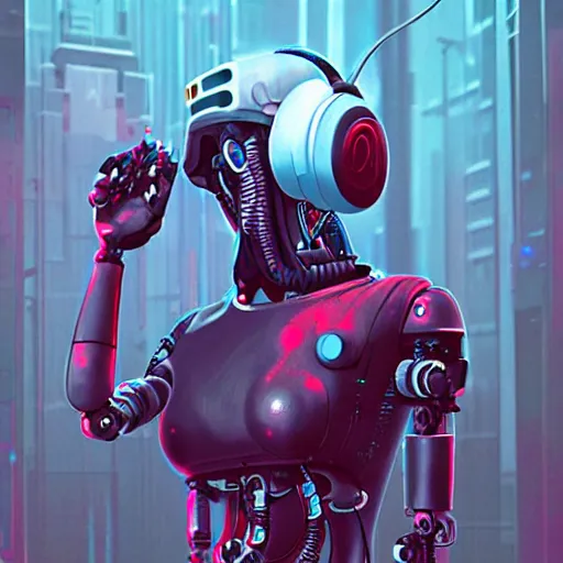 Image similar to a robot with headphones and blood dripping from its eyes, cyberpunk art by beeple, featured on zbrush central, digital art, dystopian art, sci - fi, poster art