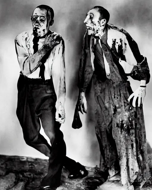 Prompt: Buster Keaton and Jimmy Durante as zombies, 1930' horror movie, Studio still