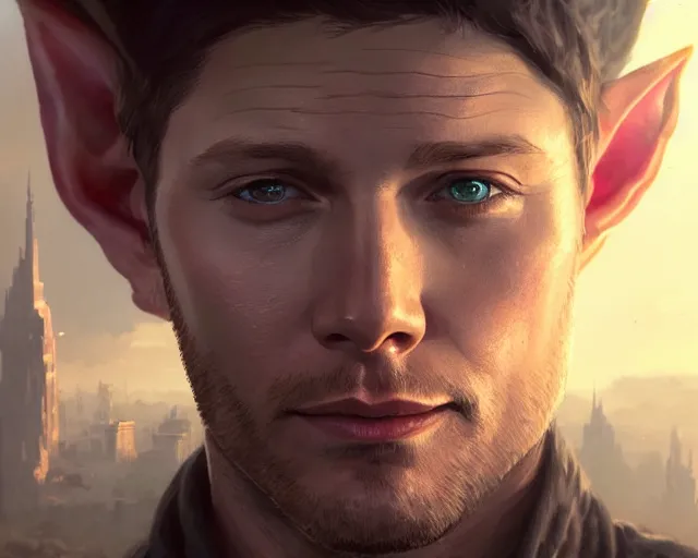 Image similar to highly detailed portrait of jensen ackles as an elf, in gta v, stephen bliss, unreal engine, fantasy art by greg rutkowski, loish, rhads, ferdinand knab, makoto shinkai and lois van baarle, ilya kuvshinov, rossdraws, tom bagshaw, global illumination, radiant light, detailed and intricate environment