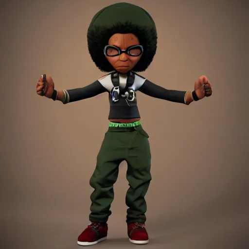 Image similar to 3 d video game, character art render, riley freeman from the boondocks, brown skin, octane render, high definition, full body, character art