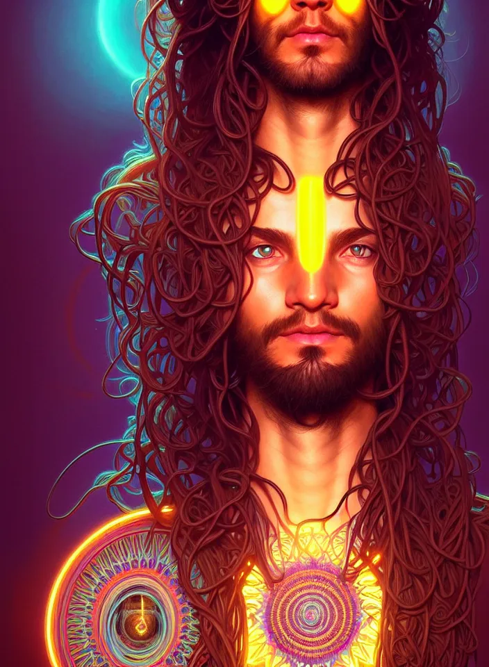 Image similar to symmetry!! portrait of a hippie man, boho outfit, neon glowing eyes!! ambient, intricate, elegant, highly detailed, digital painting, artstation, symmetric concept art, smooth, sharp focus, illustration, art by artgerm and greg rutkowski and alphonse mucha, 8 k