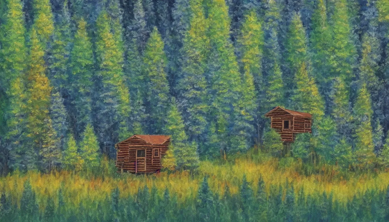 Image similar to a clearing in a forest with a cabin painted by Bob Ross