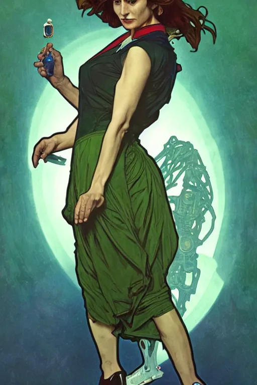 Image similar to doctor who, woman, as a mad dentist, on a plain green background, art by artgerm and greg rutkowski and alphonse mucha