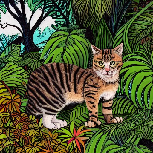 Image similar to a cat in a jungle landscape, by Jim Davis