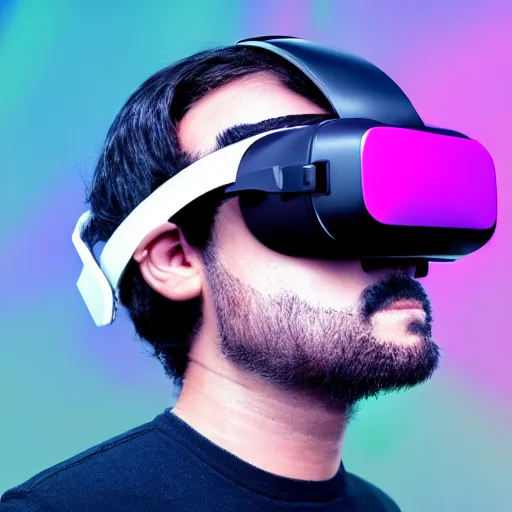 Image similar to Mario wearing a VR headset with a vaporwave background, octane render, 3D, coherent like Dall-E 2