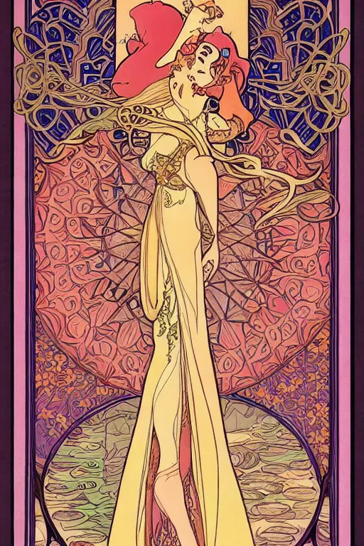 Image similar to full length painting of princess - peach!!!!!!! art nouveau, tarot card by mucha, gaudy colors, sharp edges, intricate line - work.