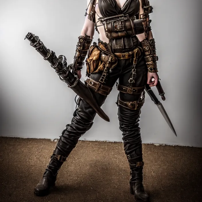 Image similar to full length photo of a very beautiful female dieselpunk warrior, 8 k, hdr, smooth, sharp focus, high resolution, award - winning photo