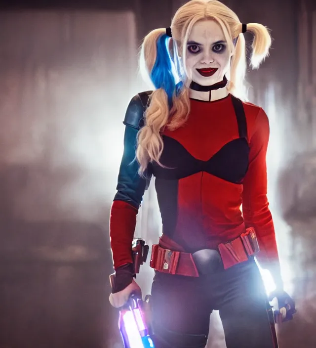 Prompt: harley quinn in star wars, movie still frame, hd, remastered, film grain, cinematic lighting