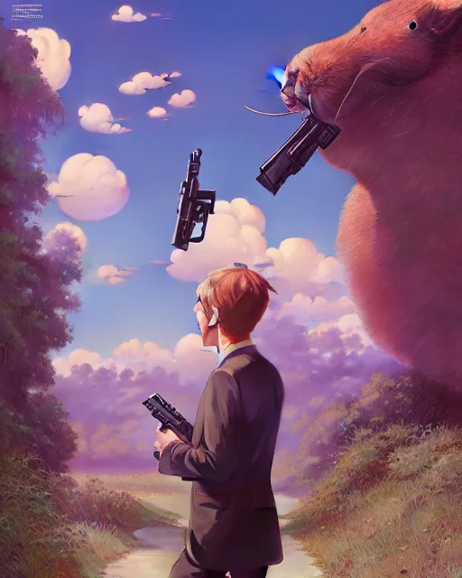 Image similar to highly detailed surreal vfx portrait of a cute, happy big chungus, shooting two mac - 1 0 s, stephen bliss, unreal engine, greg rutkowski, loish, rhads, beeple, makoto shinkai and lois van baarle, ilya kuvshinov, rossdraws, tom bagshaw, global illumination, detailed and intricate environment