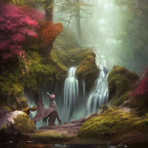 Prompt: tom bagshaw, soft painting render curiosities pond vegetation rocks covered moss scintillating, beautiful waterfall fox, accurate features, focus, very intricate ultrafine details, random volumetric lighting, dense fog, award winning masterpiece, octane render 8 k hd, artstation