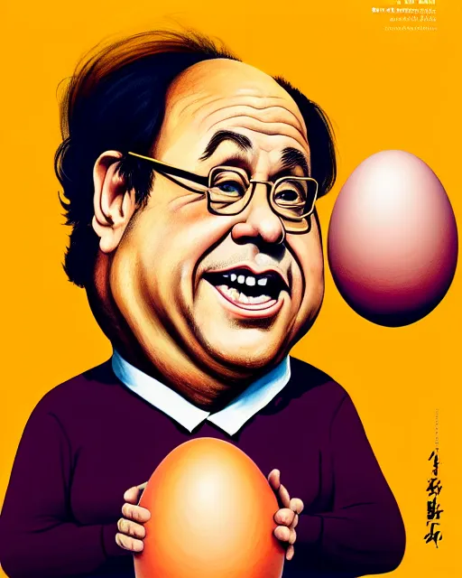 Image similar to painting portrait of danny devito as an egg, cartoon, warm lighting, danny devito has an egg body, movie poster, illustration by bartek fedyczak, erak note, tooth wu, neil richards, kan liu, siwoo kim, jisu choe, trending on art station