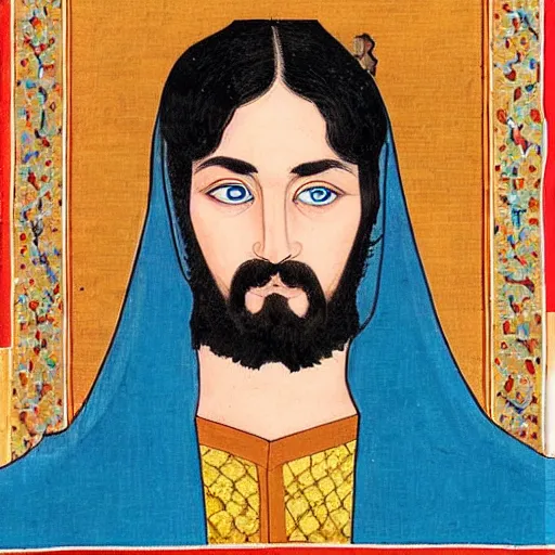 Prompt: portrait of paul atreides, pensive, bright blue eyes, in the style of persian miniature paintings.