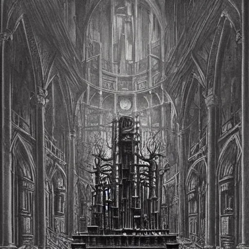 Image similar to monstrous and twisted cathedral with an altar that has a statue to many eyed and four armed cthulhu. in the style of hr giger and zdzisław beksinski piranesi gloom misty glow oil painting biomechanical