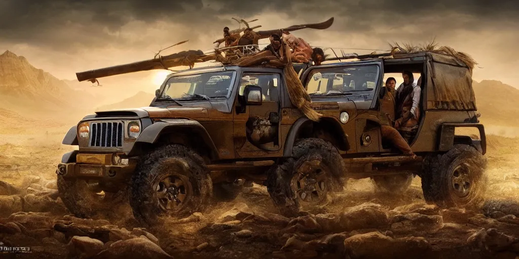 Image similar to Mahindra thar, tribe members attacking, action scene, an epic fantasy, dramatic lighting, cinematic, establishing shot, extremely high detail, photorealistic, cinematic lighting, artstation, by christopher nolan, horizon forbidden west