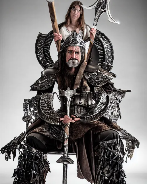 Image similar to bridget moynihan as king conan, directed by john millius, photorealistic, sitting on a metal throne, wearing ancient cimmerian armor, a battle axe to her side, cinematic photoshoot in the style of annie leibovitz, studio lighting