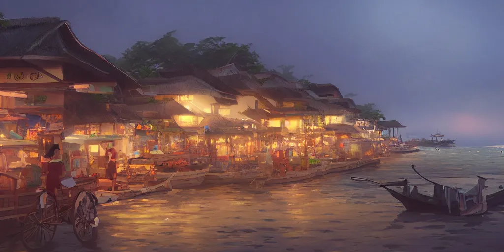 Image similar to shops at pulau indah fishing village by the sea, early morning, detailed matte painting, low angle view, telephoto lens, bokeh, studio ghibli, artstation