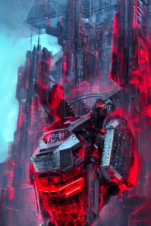 Image similar to giant imposing complex machine merged with evil cybernetic goat head at helm, cyberpunk, red hues