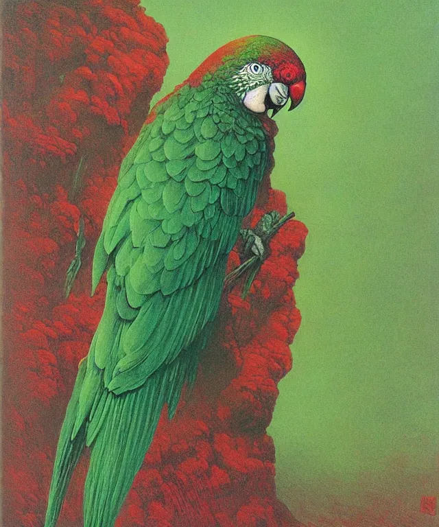 Image similar to beautiful emerald green parrot with red aura and eyes, by zdzisław beksinski, by gustave dore