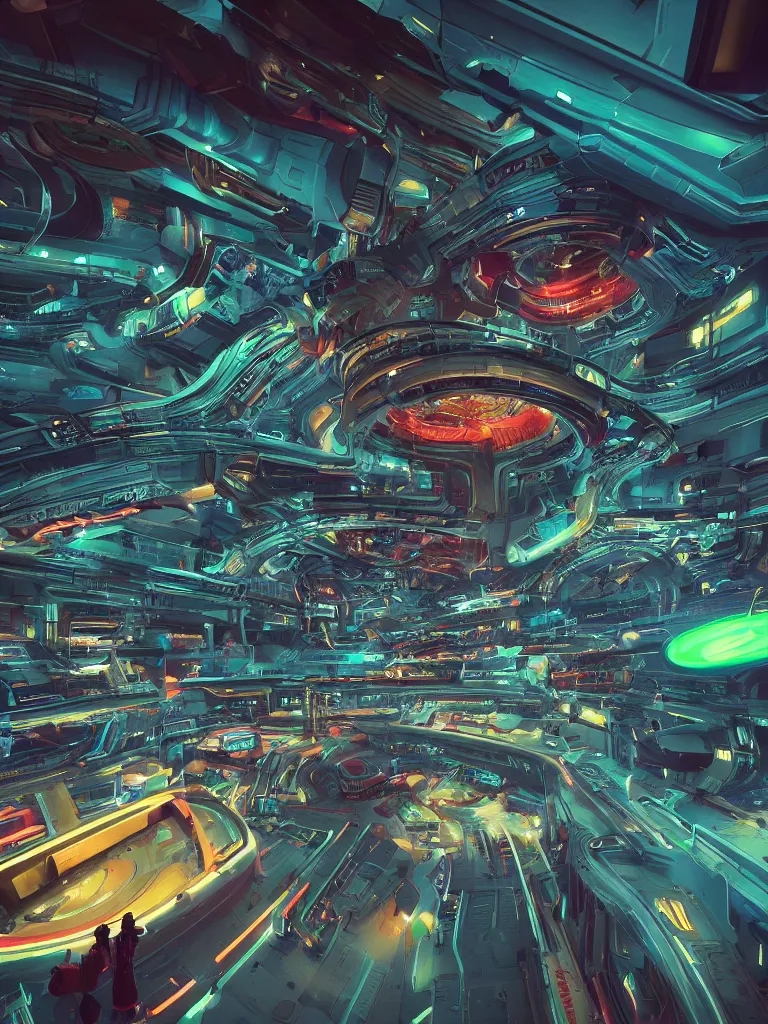 Prompt: kodachrome photo of futuristic interior of a busy spaceport on an alien world, neon lighting and spotlights, intricate artwork by tooth wu and wlop and beeple. octane render, trending on artstation, greg rutkowski very coherent symmetrical artwork. cinematic, hyper realism, high detail