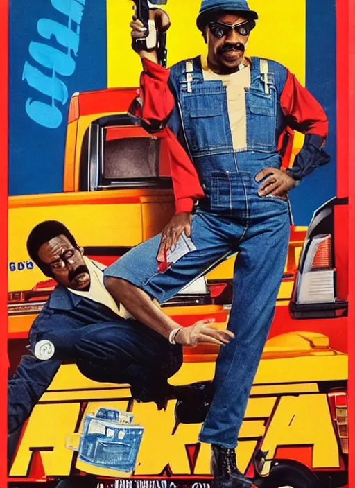 Image similar to an 8 0's john alvin action movie poster starring eddie murphy face as a plumber to rich people. bathroom. overalls. tool belt. the movie is called beverly hills crap