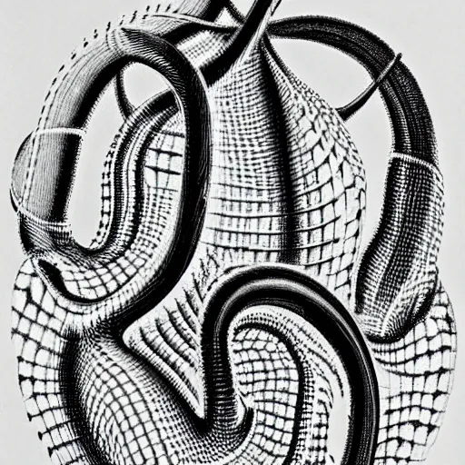 Image similar to black and white lithograph by m. c. escher of lizards inside a klein bottle