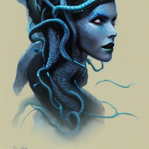 Image similar to dark queen of snakes, crown of snakes, blue skin, realism, dark fantasy, thorned vines, cgsociety, artstation