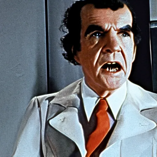 Image similar to a movie still of richard nixon as alex from a clockwork orange