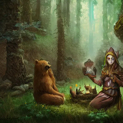 Image similar to elven druid summoning bears in the forest, d & d inspired, trending on artstation, ultra fine detailed, hyper detailed, hd, concept art, digital painting