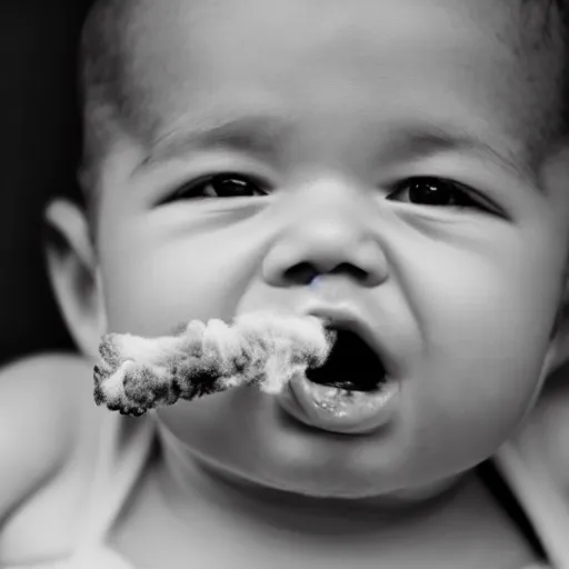 Image similar to infant with smoke coming out of their mouth